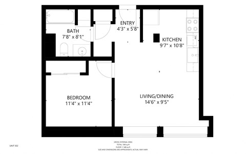 Floor plan for 1 bed, 1 bath, 550 sqft